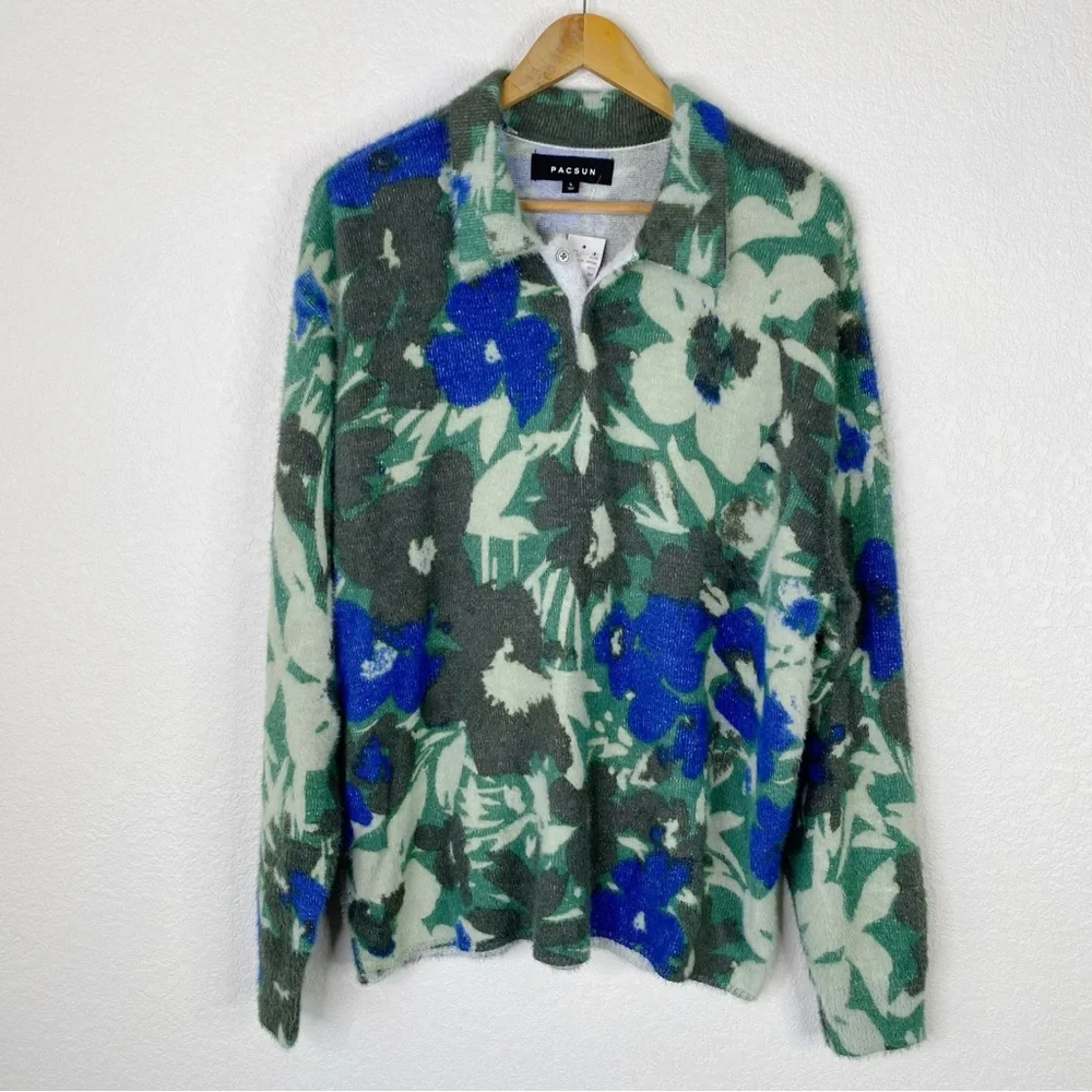 PacSun Blue and Green Floral Eyelash Polo Sweater